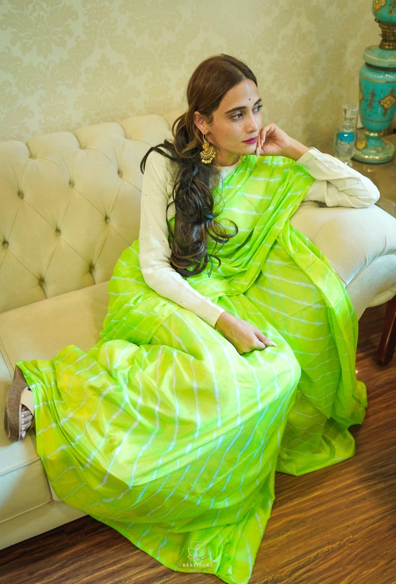 In a beautiful light green color saree with dots, white color three quarter  sleeves blouse des… | Beautiful saree, Indian beauty saree, Bollywood  actress hot photos