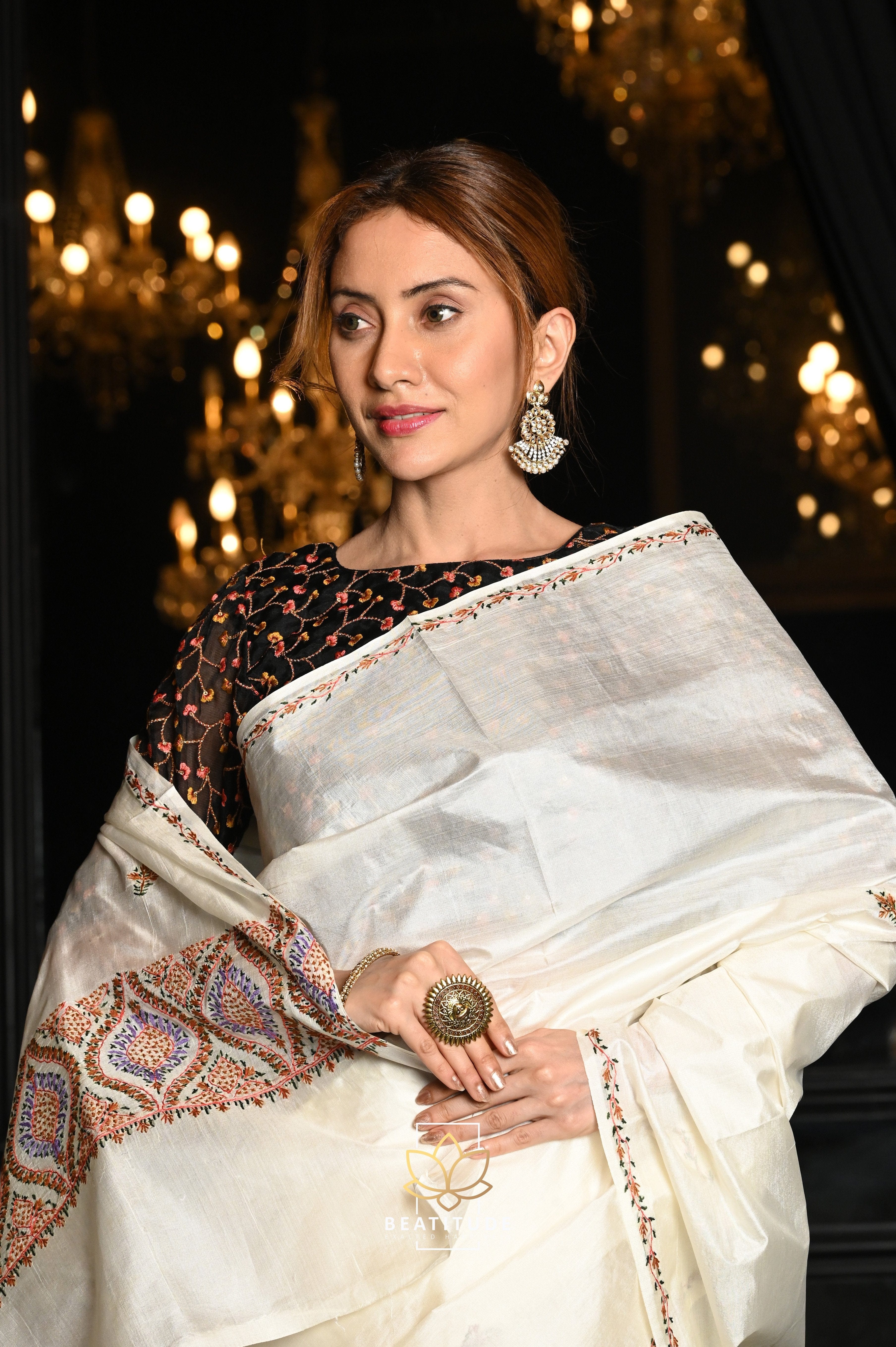 Off White Silk Kashmiri Saree | Leemboodi