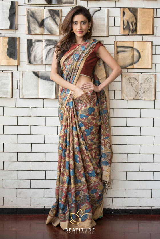Buy Unnati Silks Women pure kalamkari tussar silk hand painted Multicolour  saree With Blouse at Amazon.in