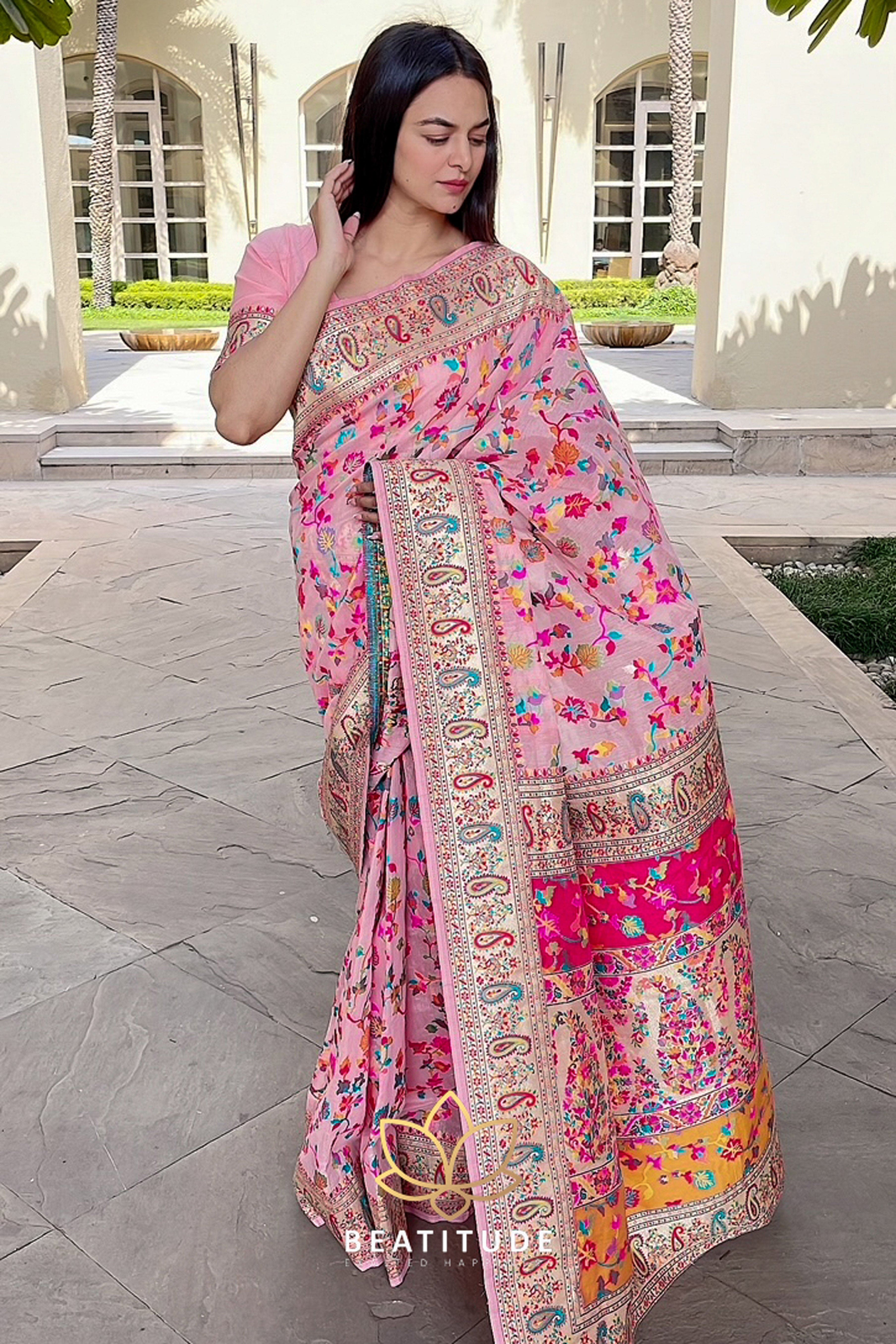 Buy Indian Saree | Pastel Green Kashmiri Weaved Silk Saree At Hatkay